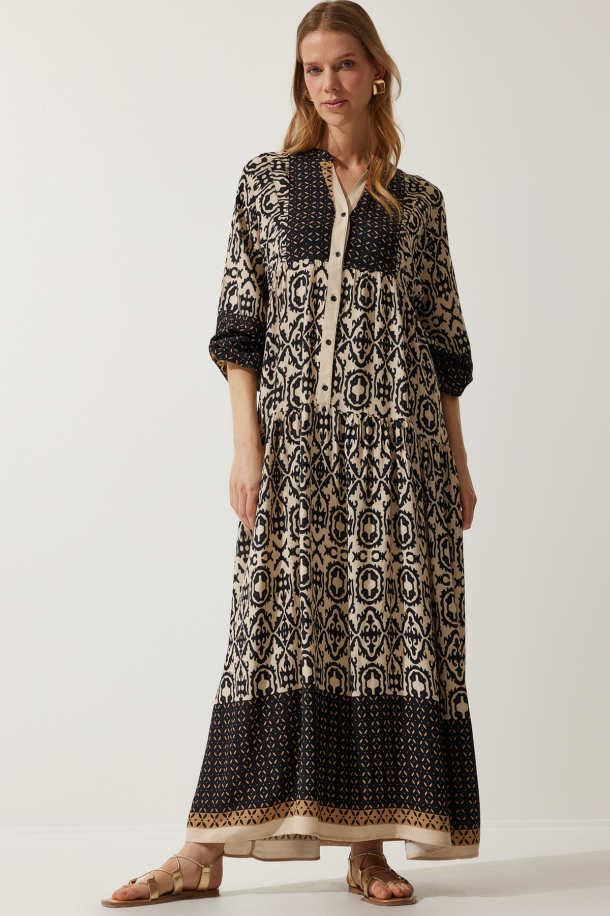 Happiness İstanbul Women's Black Beige Patterned Oversize Summer Viscose Dress DD01307