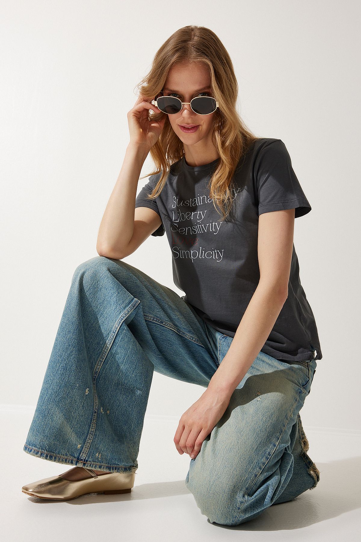 Happiness İstanbul-Women's Smoked Printed 100% Cotton Knitted T-Shirt WO00036 2