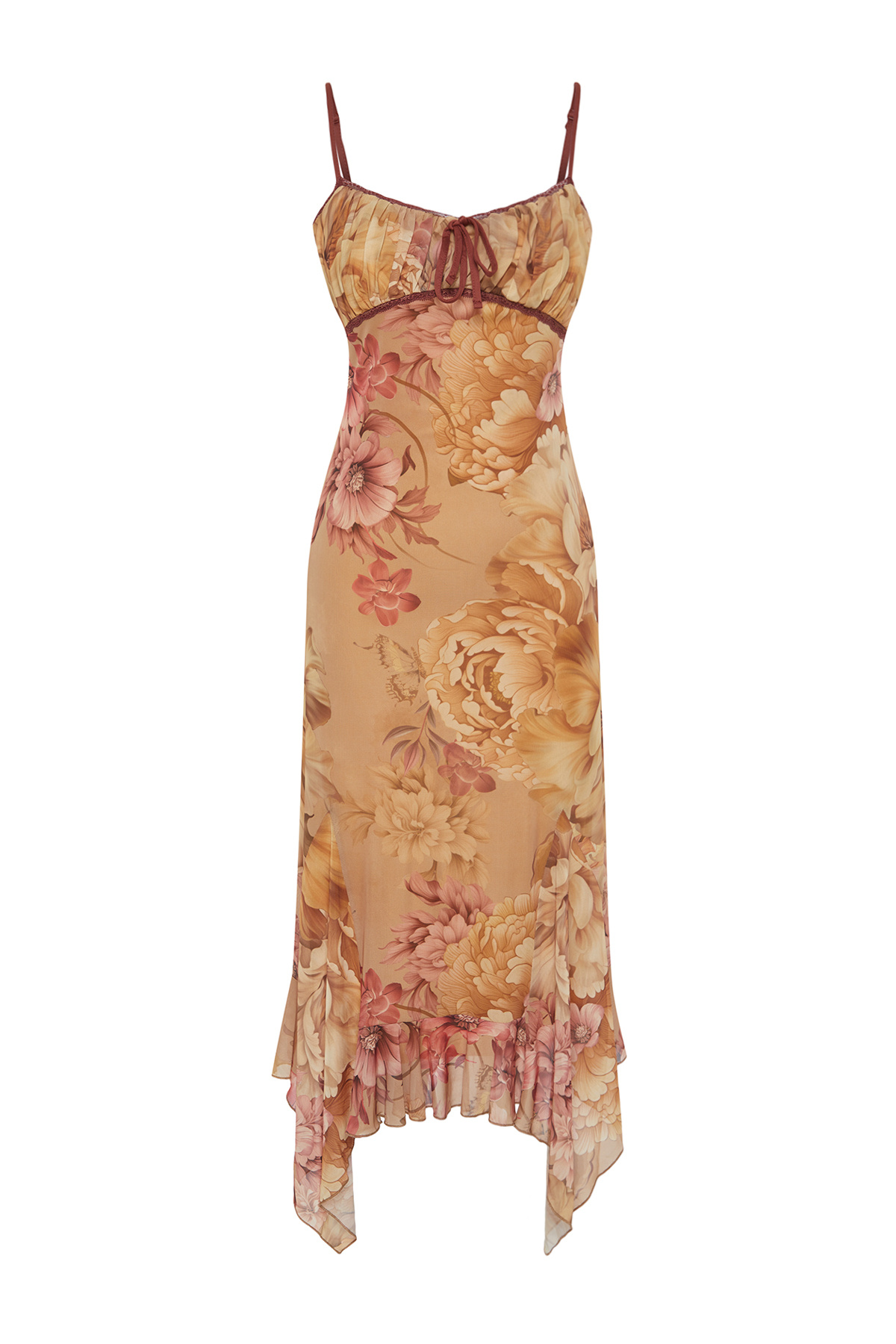 Trendyolmilla  Çok Renkli A-Kesim Çiçek Desenli Fırfırlı Örme Tül Elbise TPRSS24EL00133 - Görsel 7