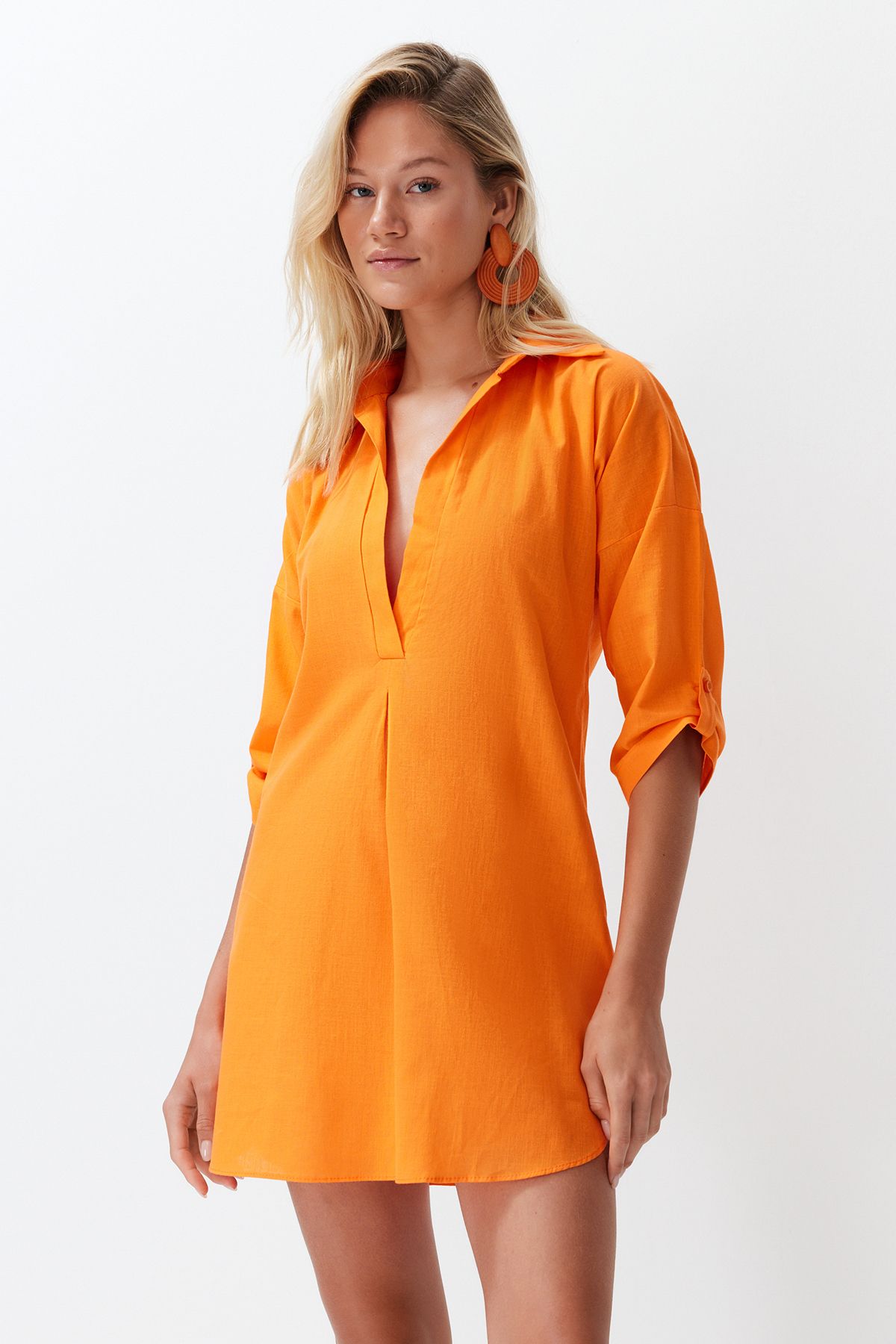 Trendyol Collection-Πορτοκαλί υφαντό βαμβακερό μίνι φόρεμα παραλίας TBESS21EL3979 6