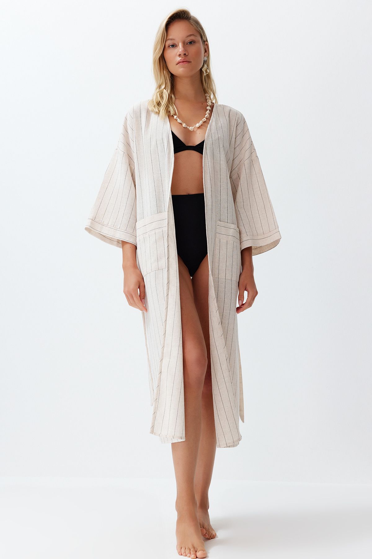 Trendyol Collection Tkane Lniane Kimono I Kaftan W Paski Maxi Kobieta - XL
