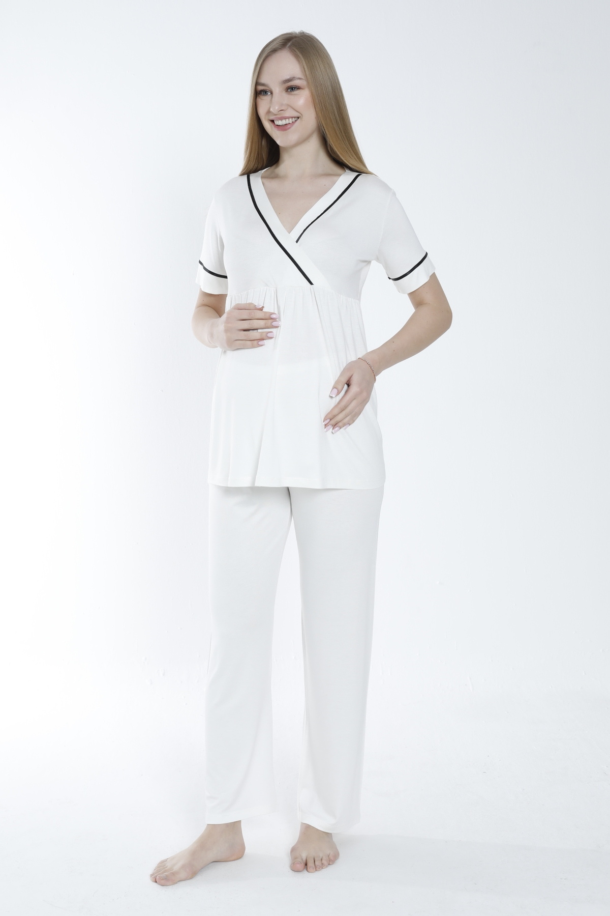 Miss Dünya Lissa Sabahlıklı Şerit Detaylı Hamile ve Lohusa Pijama Takımı fotoğrafı 4 (önizleme)