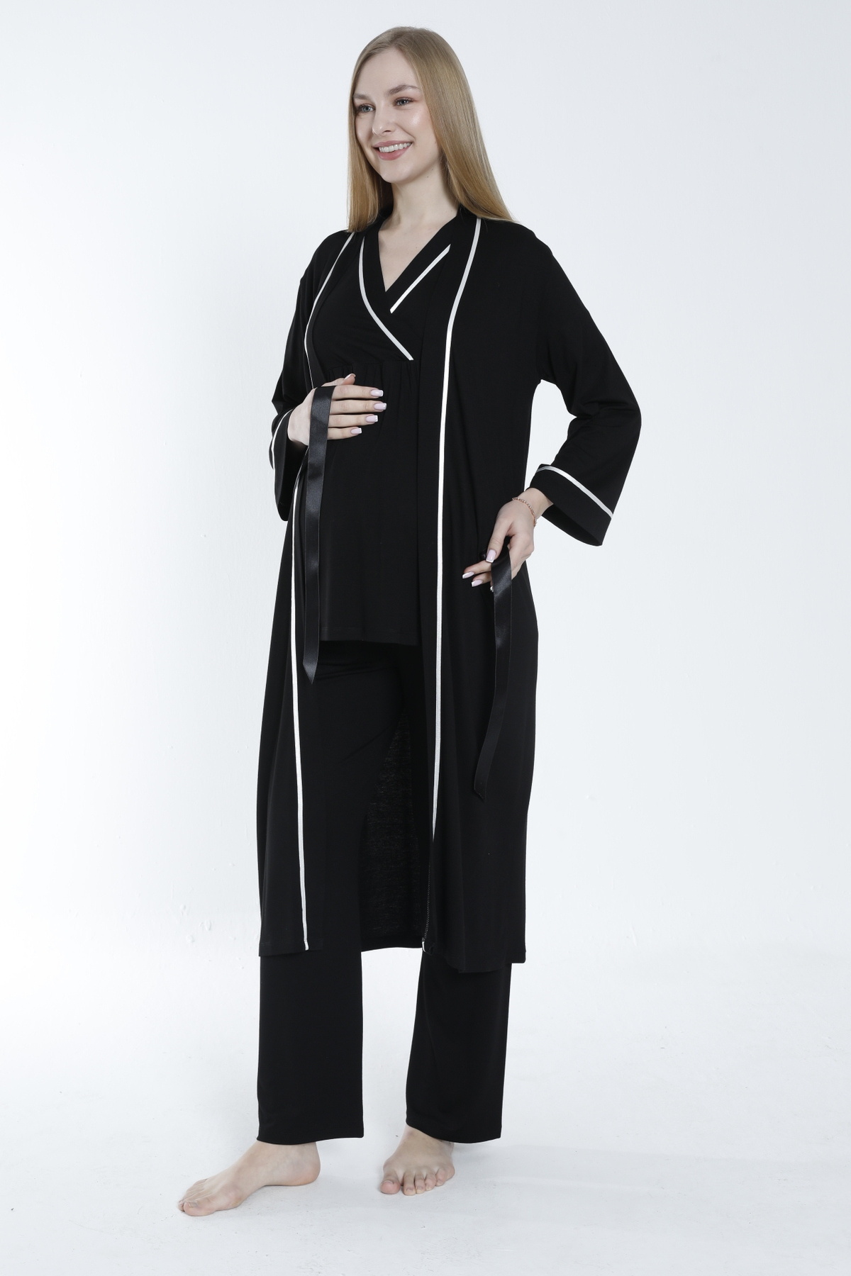 Miss Dünya Lissa Sabahlıklı Şerit Detaylı Hamile ve Lohusa Pijama Takımı fotoğrafı 3 (önizleme)