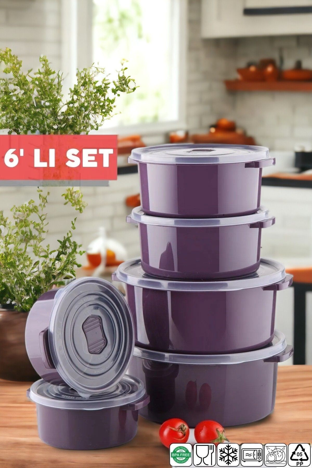 NY HOME-Round 6-Piece Plum Storage Container Set That Can Be Used in Microwave and Freezer 1
