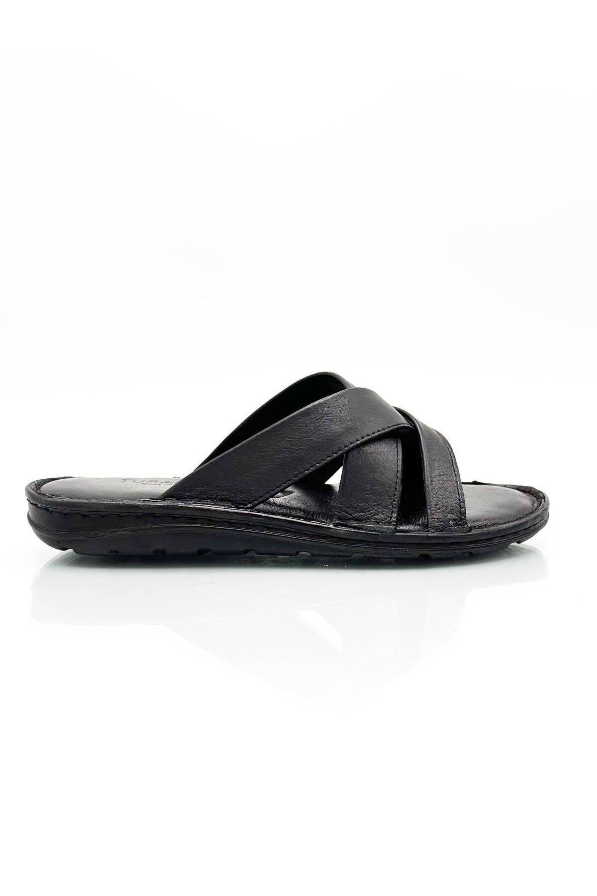 Moda Anna-Genuine Real Leather Men's Slippers Lightweight Slippers Leather Cross Black 4
