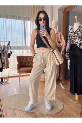 ANKH WOMAN KREM RENK BELİ LASTİKLİ GENİŞ PAÇA PANTOLON