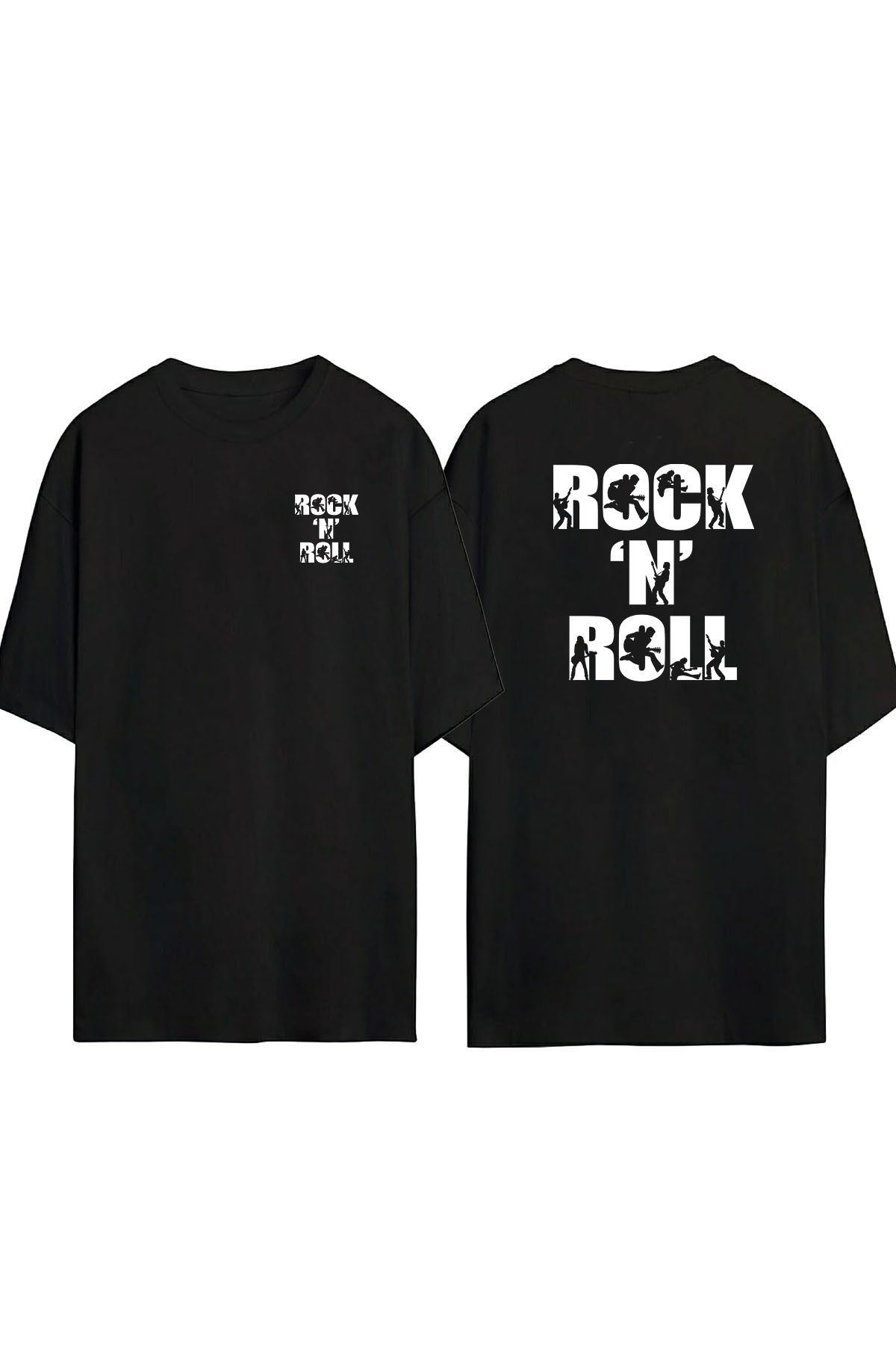 THEWERT Tricou Supradimensionat Negru Cu Imprimeu Unisex Rock'n Roll Muzică Rock Silhouette Art Față Spate Unisex - S