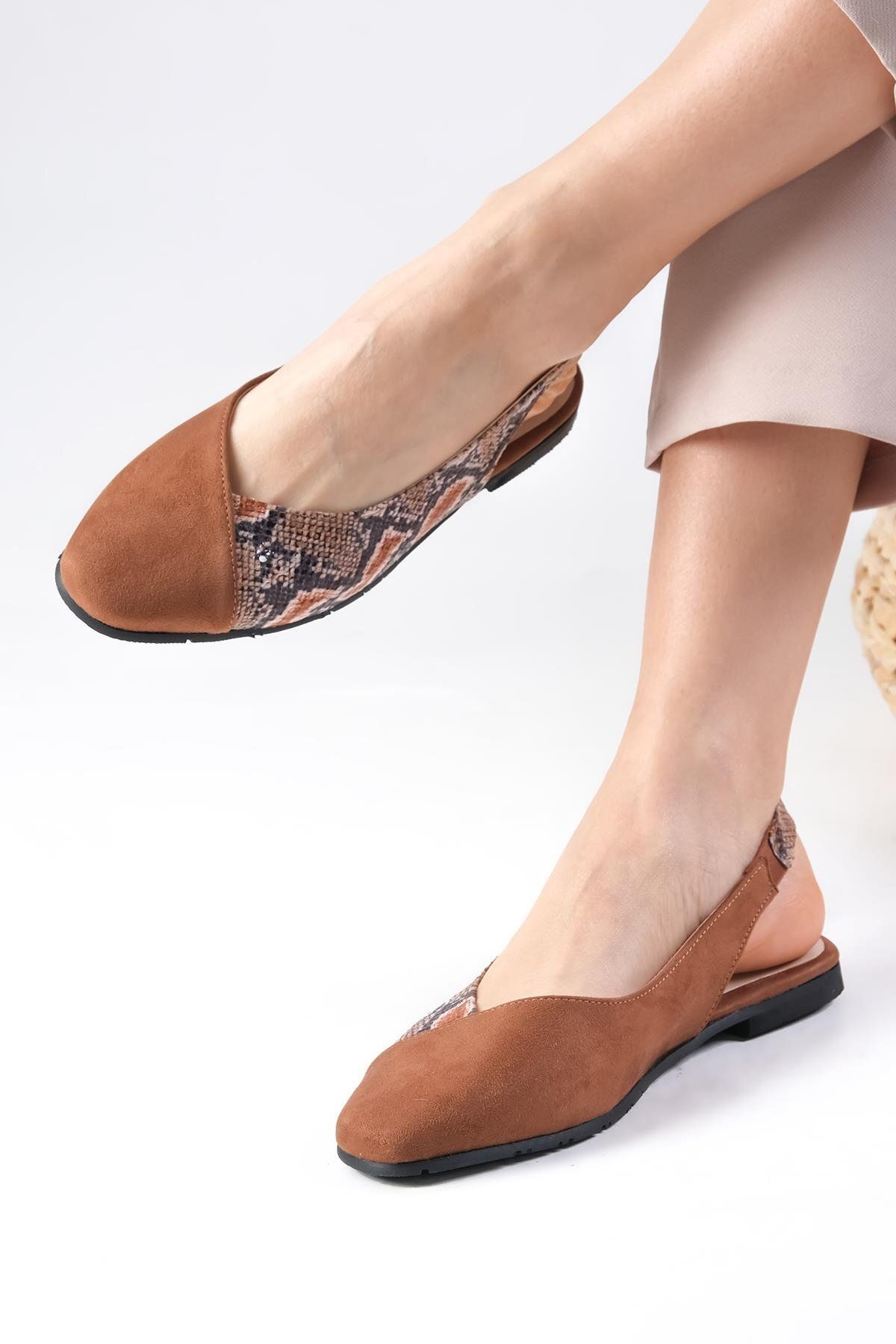 Mio Gusto-Flache Ballerina-Schuhe für Damen von Debby in Hellbraun mit offenem Rücken 6
