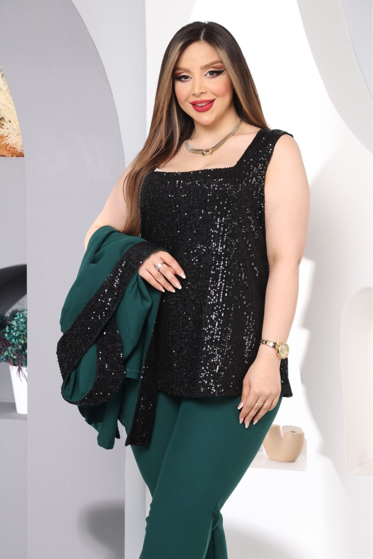 Yeşil Krep Ceket Pantolon Payetli Bluz 3 Lü Takım
