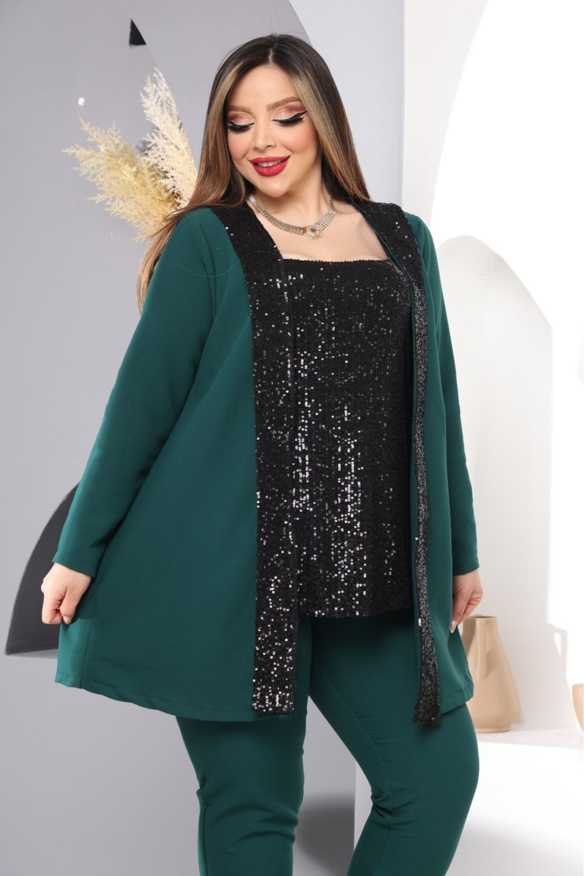 Yeşil Krep Ceket Pantolon Payetli Bluz 3 Lü Takım