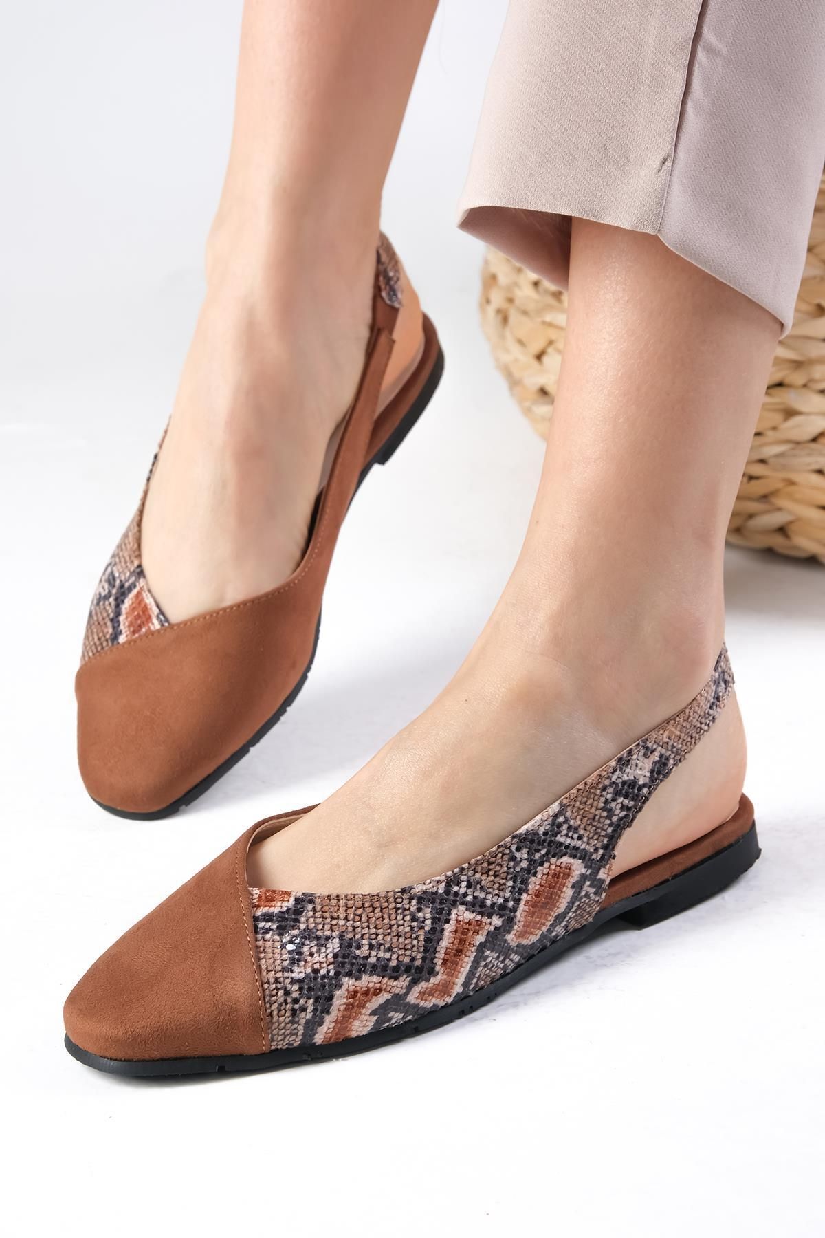 Mio Gusto-Flache Ballerina-Schuhe für Damen von Debby in Hellbraun mit offenem Rücken 3