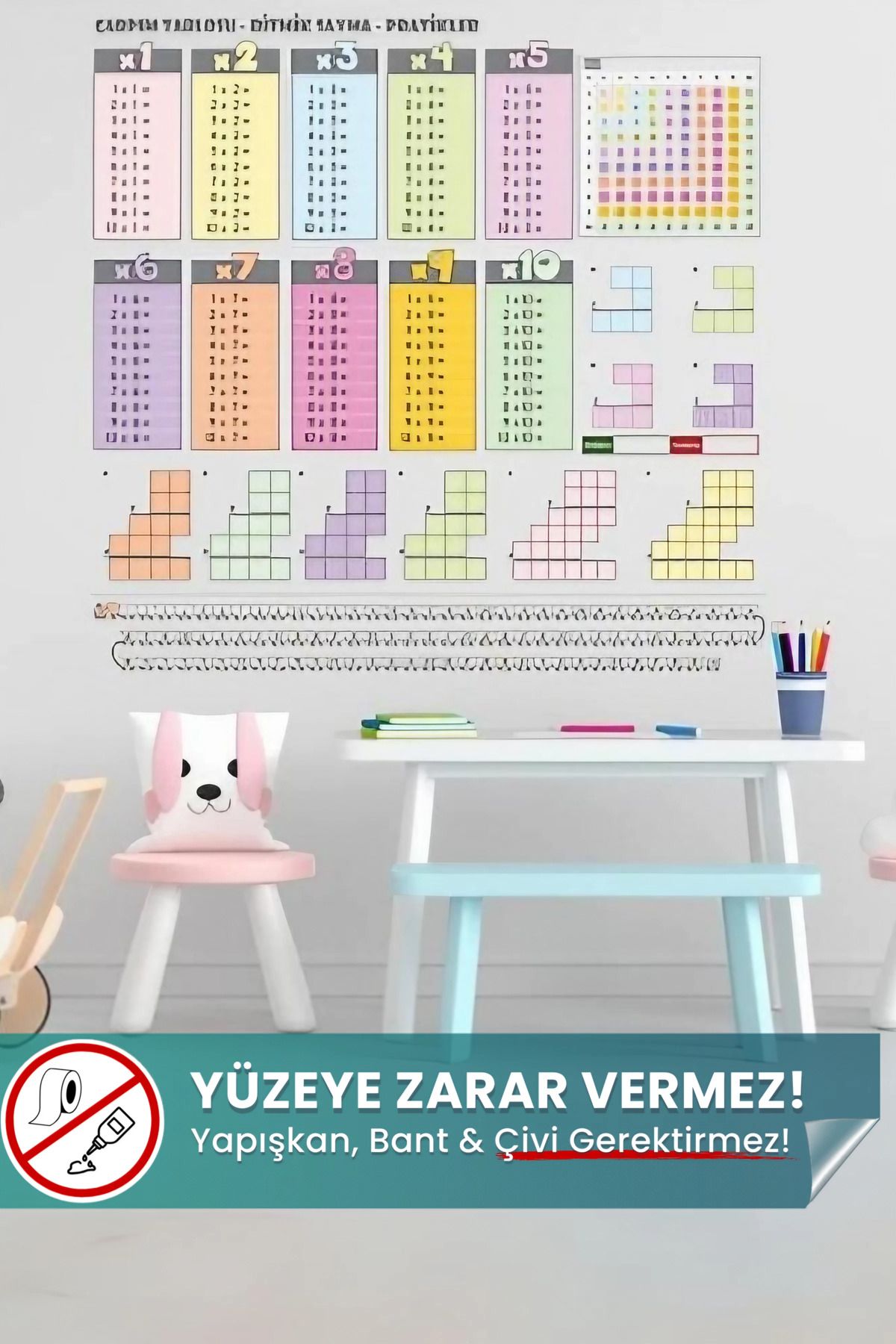 Çarpım Tablosu - Yapışkansız Tutunan, Not Kağıt Tutucu Özellikli Statik Akıllı Kağıt Yazı Tahtası - 1