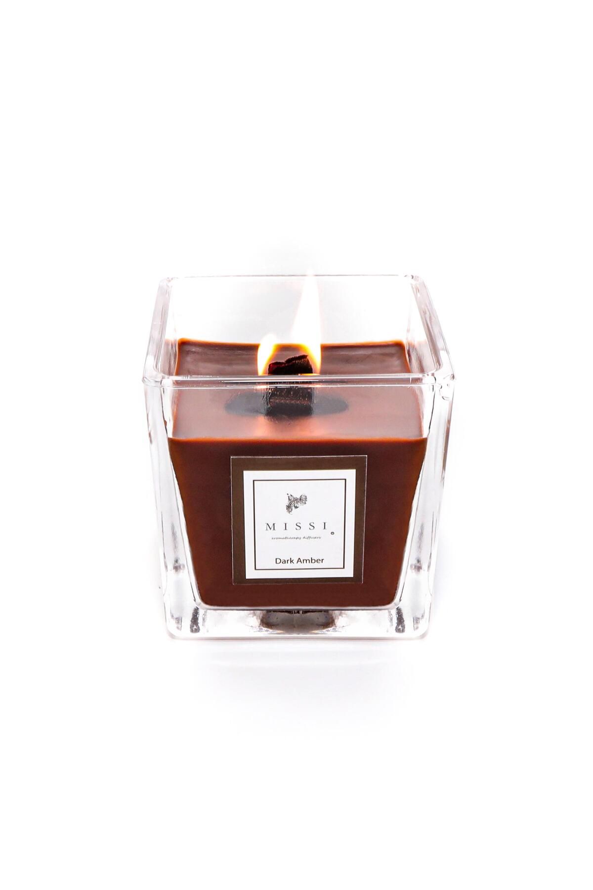 شمع و چراغ چند رنگ چوبی شیشه ای مربع کهربا تیره وگان با معطر 8X8 سانتی متر  Missi