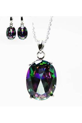 lilahgümüştr Gümüş Mistik Topaz Oval Taşlı Kadın Kolye Küpe