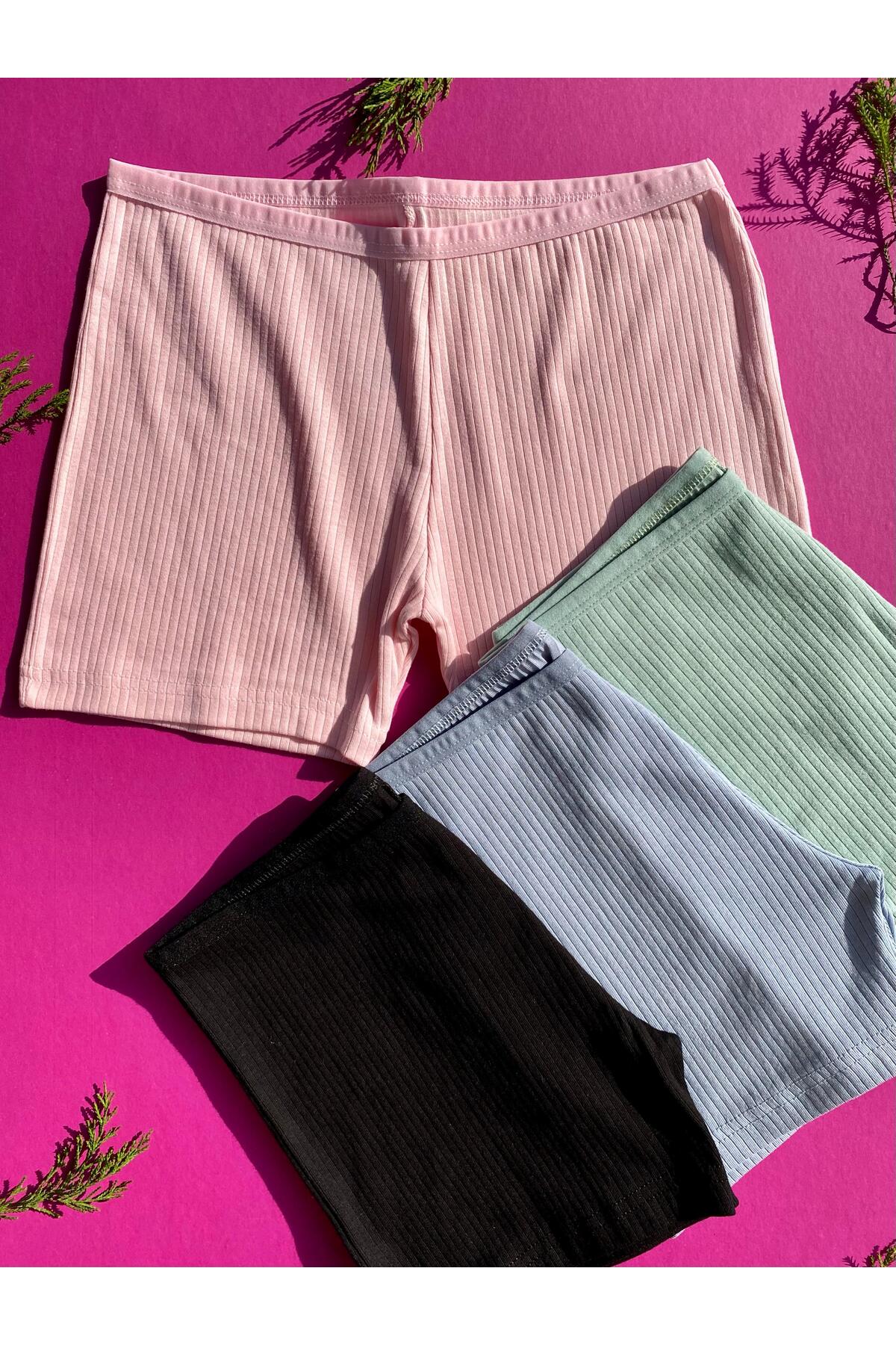 VicTroy Pamuklu 4 lü Siyah, Pembe, Mavi ve Yeşil Renk Fitilli Kadın Boxer-Şort