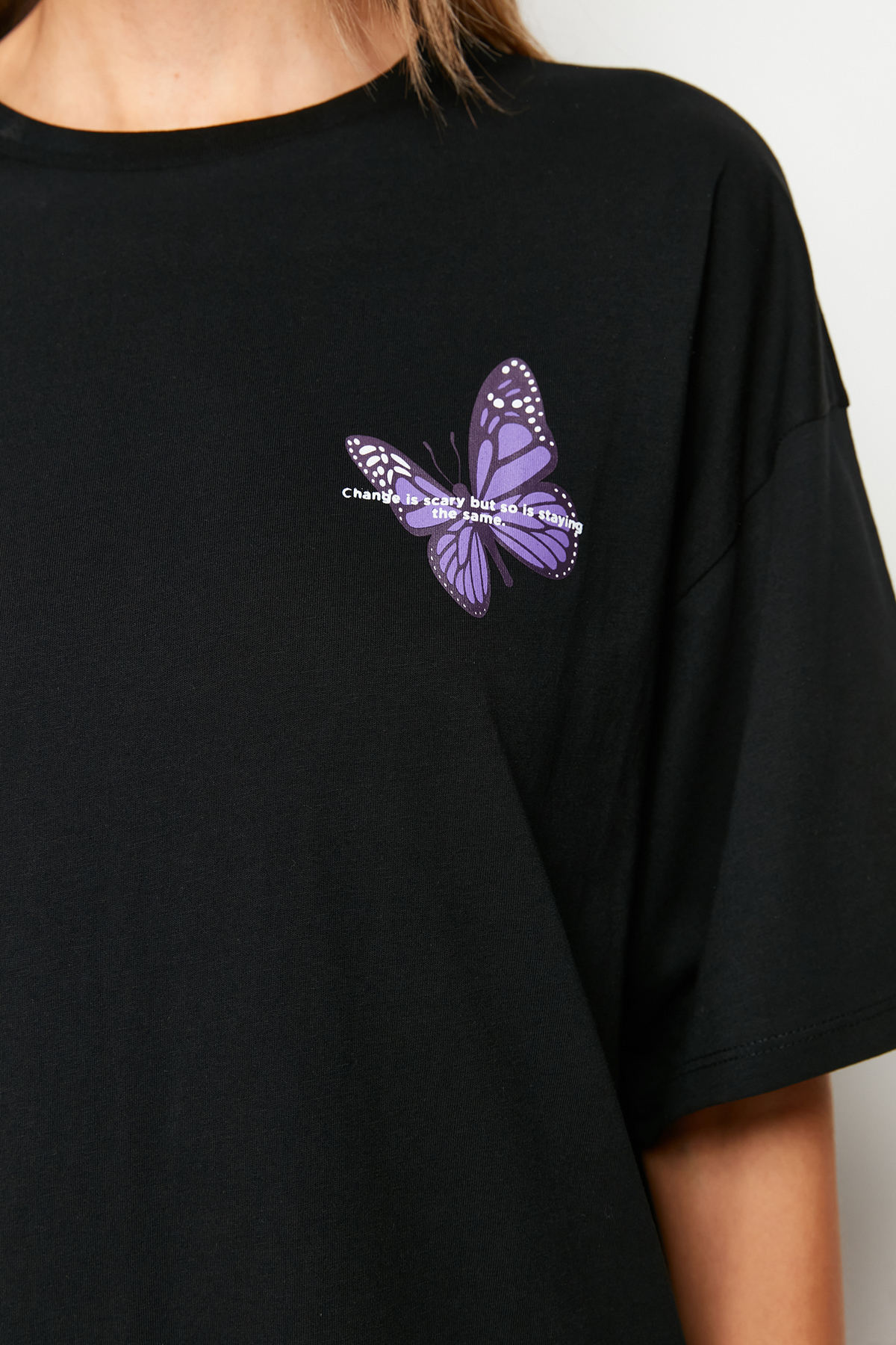 تي شيرت محبوك أسود 100% من القطن الأمامي والخلفي م...