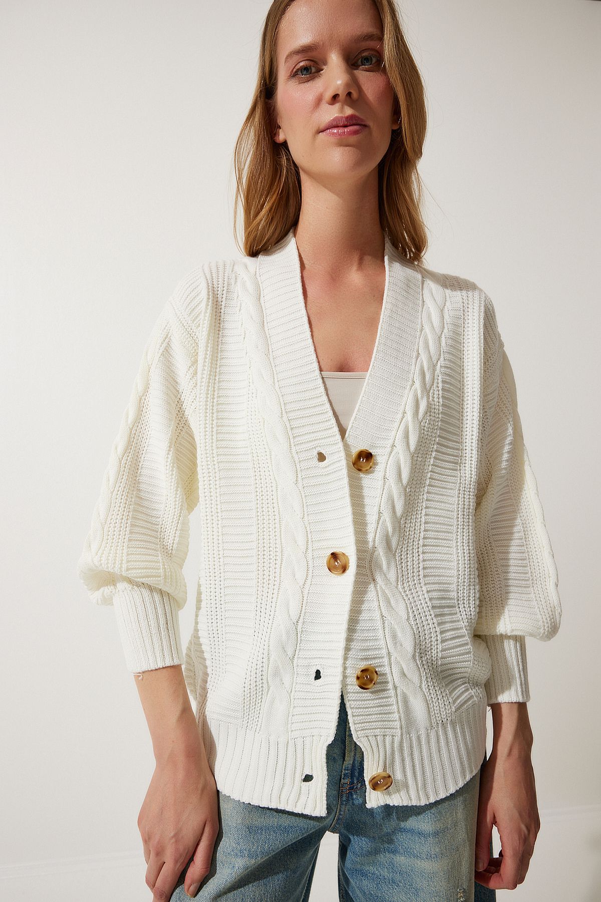 Happiness İstanbul Ecrufarbene Strickjacke Mit Geflochtenen Ballonärmeln für Damen - Standard