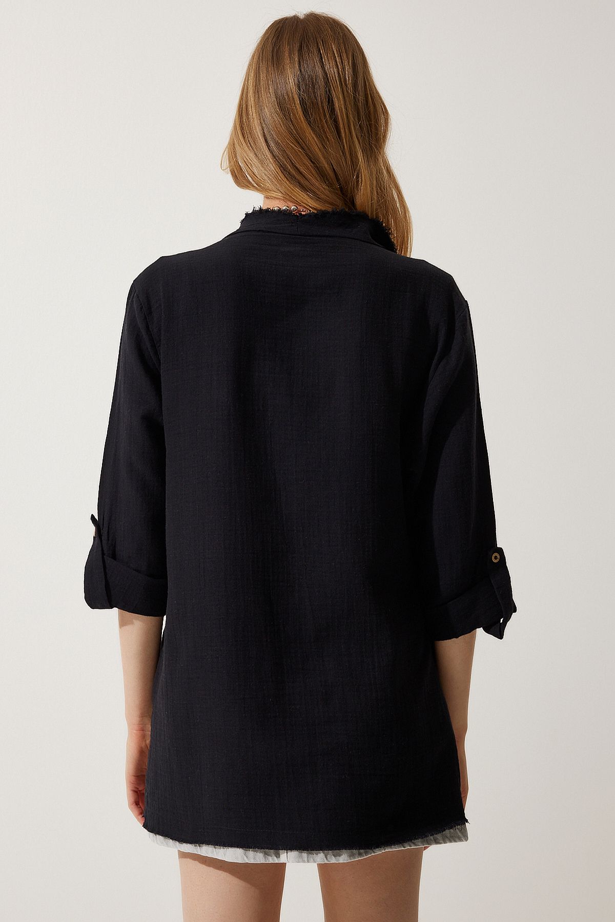 Happiness İstanbul-Schwarze, asymmetrische Musselinjacke mit Fransendetail für Damen SA00020 5