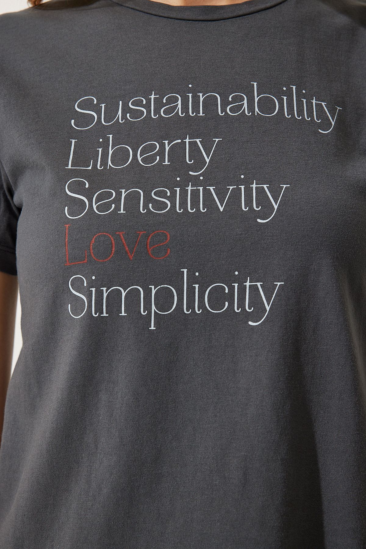 Happiness İstanbul-Women's Smoked Printed 100% Cotton Knitted T-Shirt WO00036 5