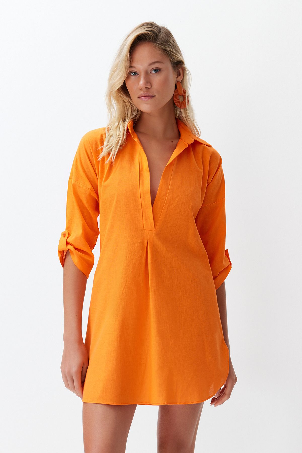 Trendyol Collection-Πορτοκαλί υφαντό βαμβακερό μίνι φόρεμα παραλίας TBESS21EL3979 1
