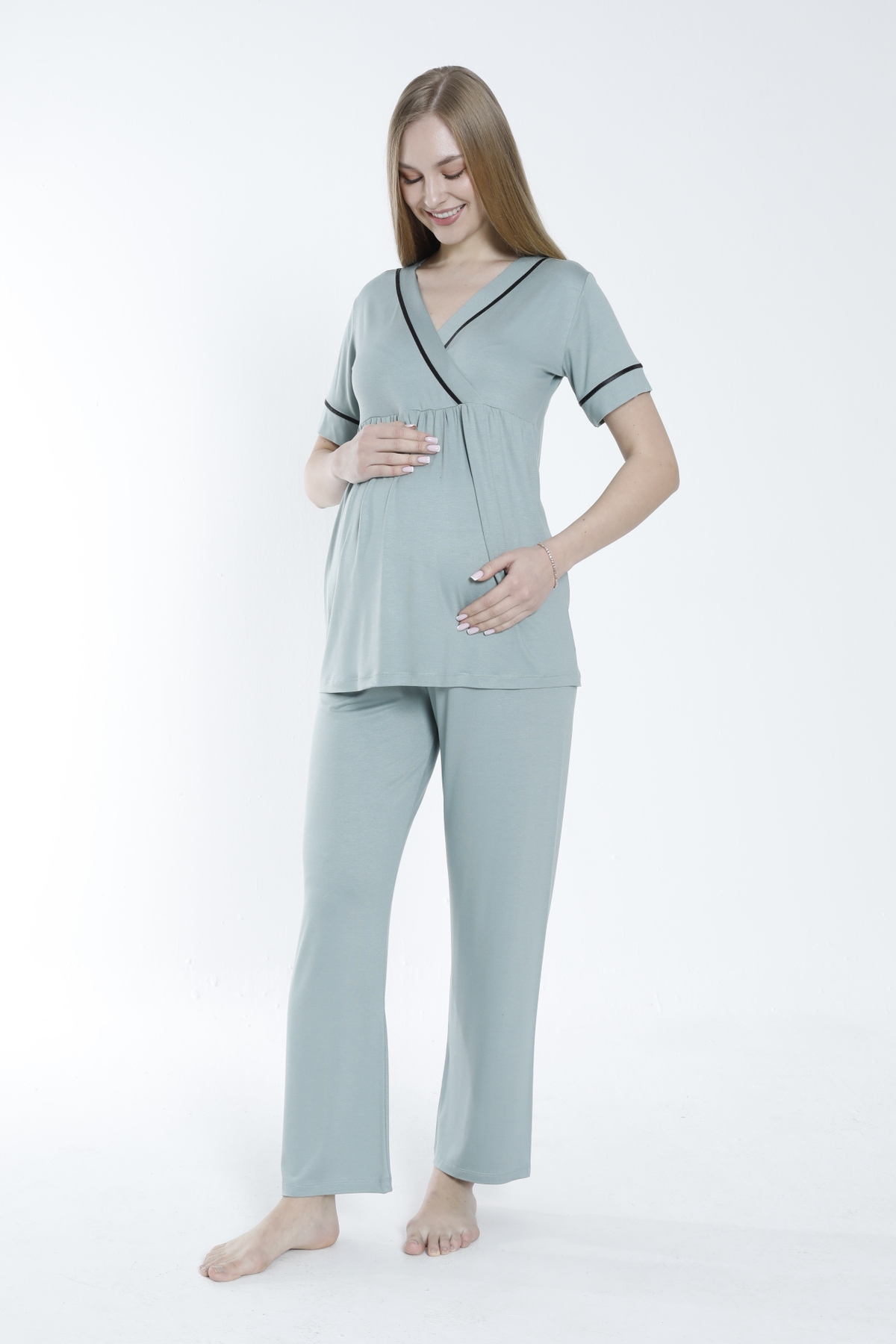 Miss Dünya Lissa Sabahlıklı Şerit Detaylı Hamile ve Lohusa Pijama Takımı fotoğrafı 5 (önizleme)