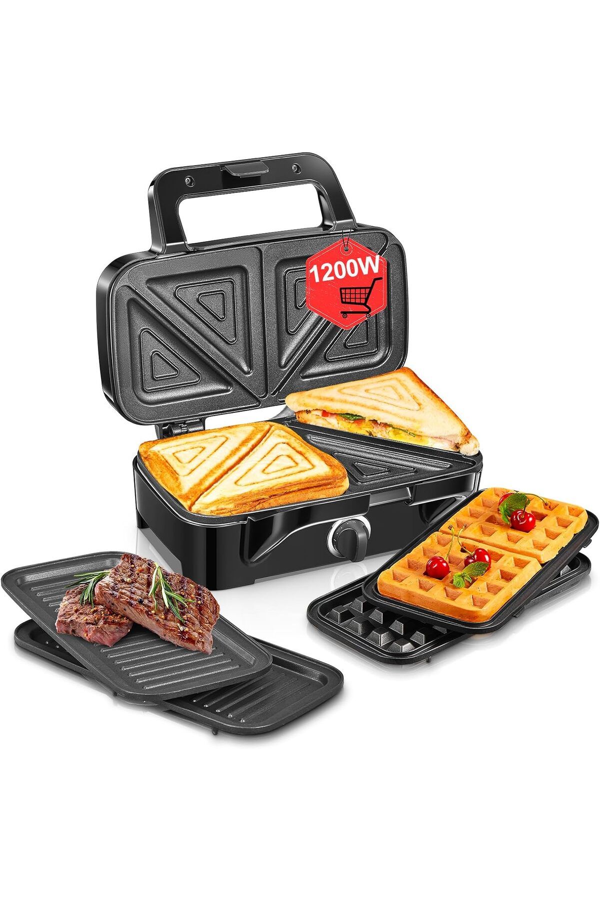 FOHERE 1200W 3'ü 1 Arada Sandviç ve Waffle Makinesi İleri Teknolojiyle Donatılmış, 5 Kademeli Sıcaklık