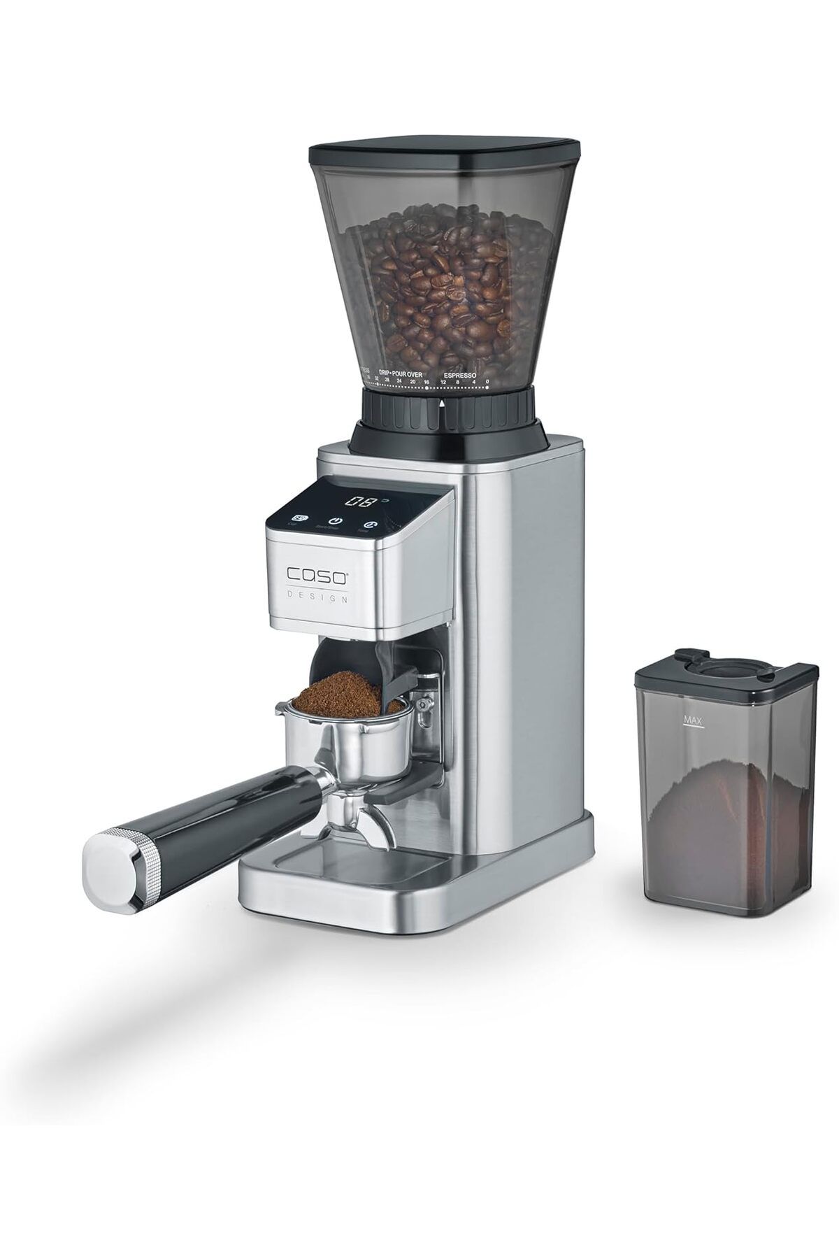 Caso BaristaChef Inox Elektrikli Kahve Değirmeni Paslanmaz Çelik Konik Öğütücü, Süzgeç Tutuculu Tasarım