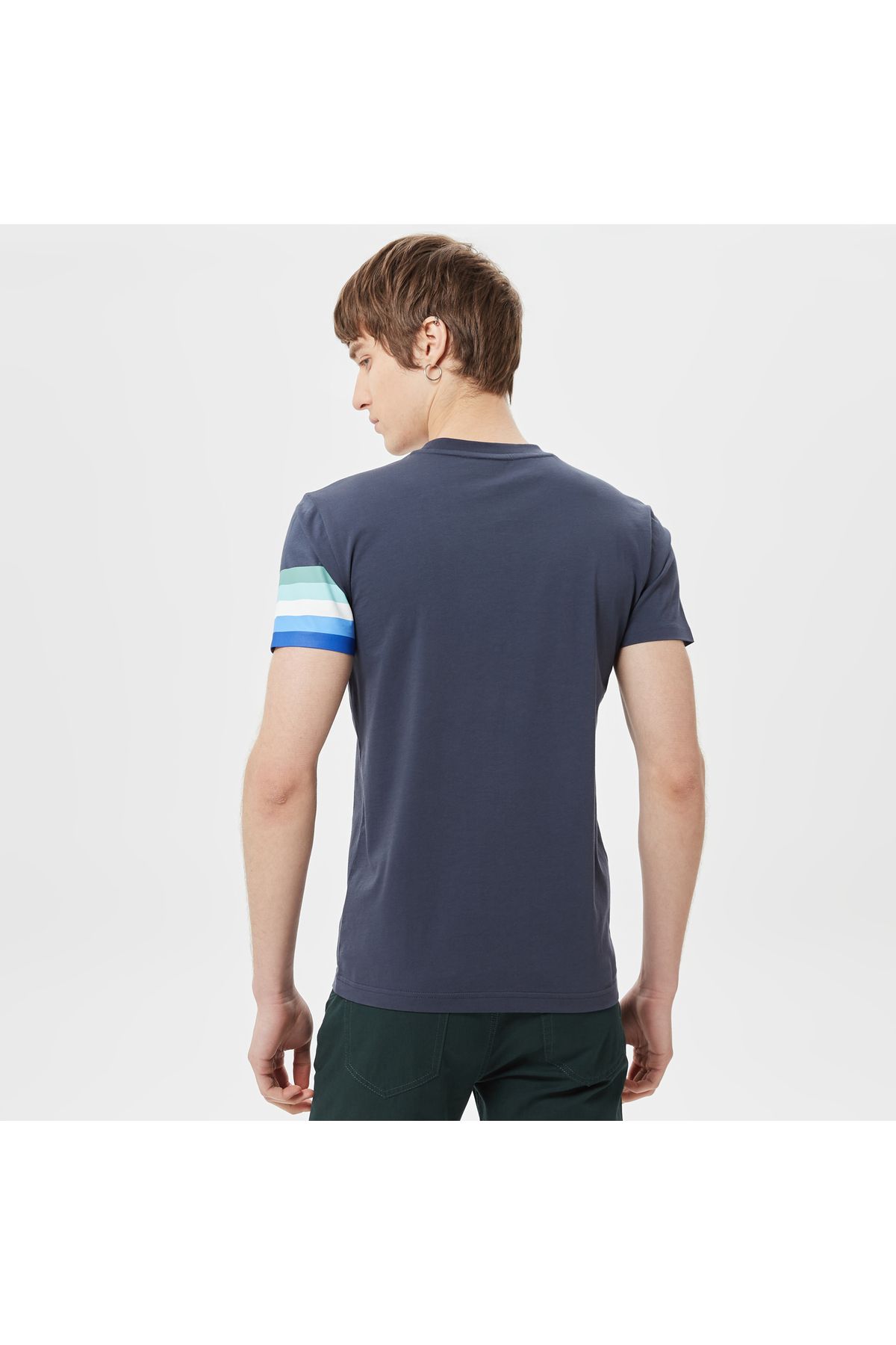 Lacoste یقه دوچرخه باریک مردانه چاپ شده تی شرت آبی نیروی دریایی