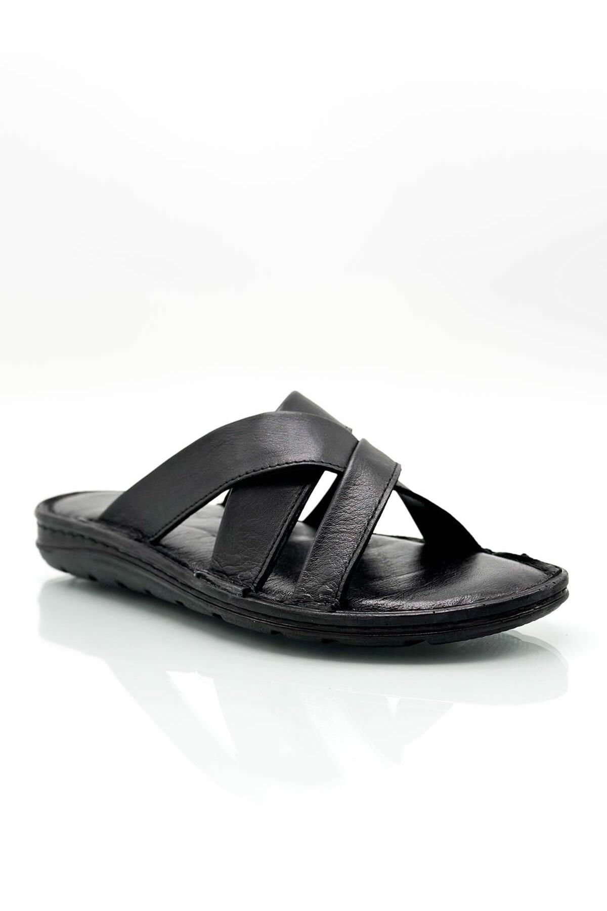 Moda Anna-Genuine Real Leather Men's Slippers Lightweight Slippers Leather Cross Black 5
