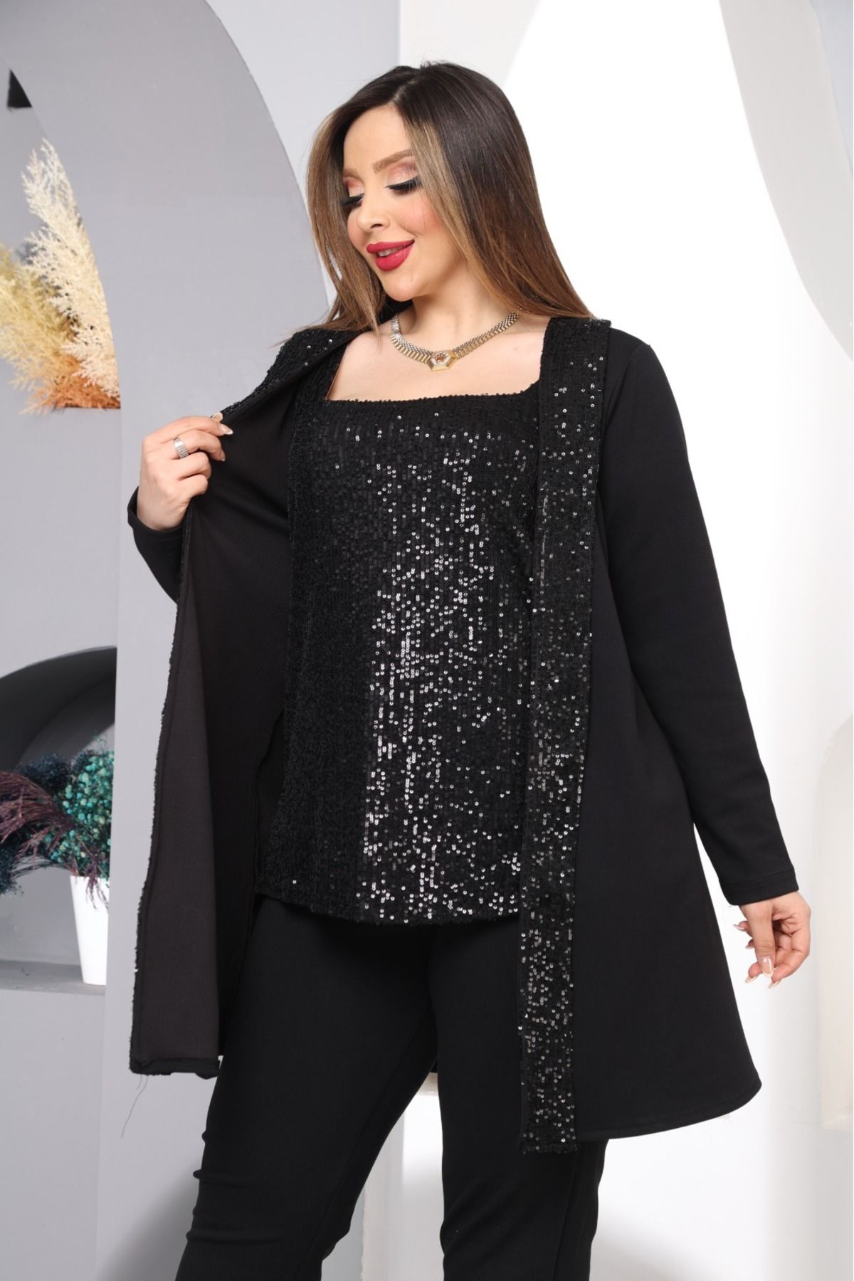 Siyah Krep Ceket Pantolon Payetli Bluz 3 Lü Takım