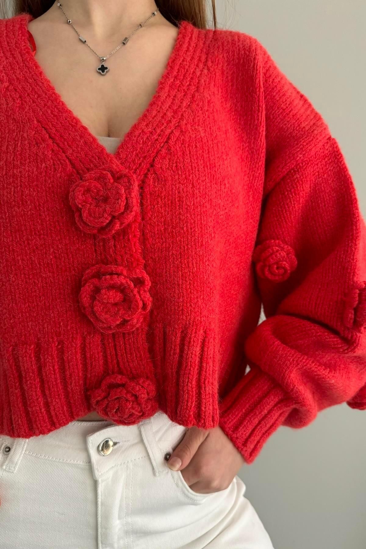 Mango cable knitted cardigan in red