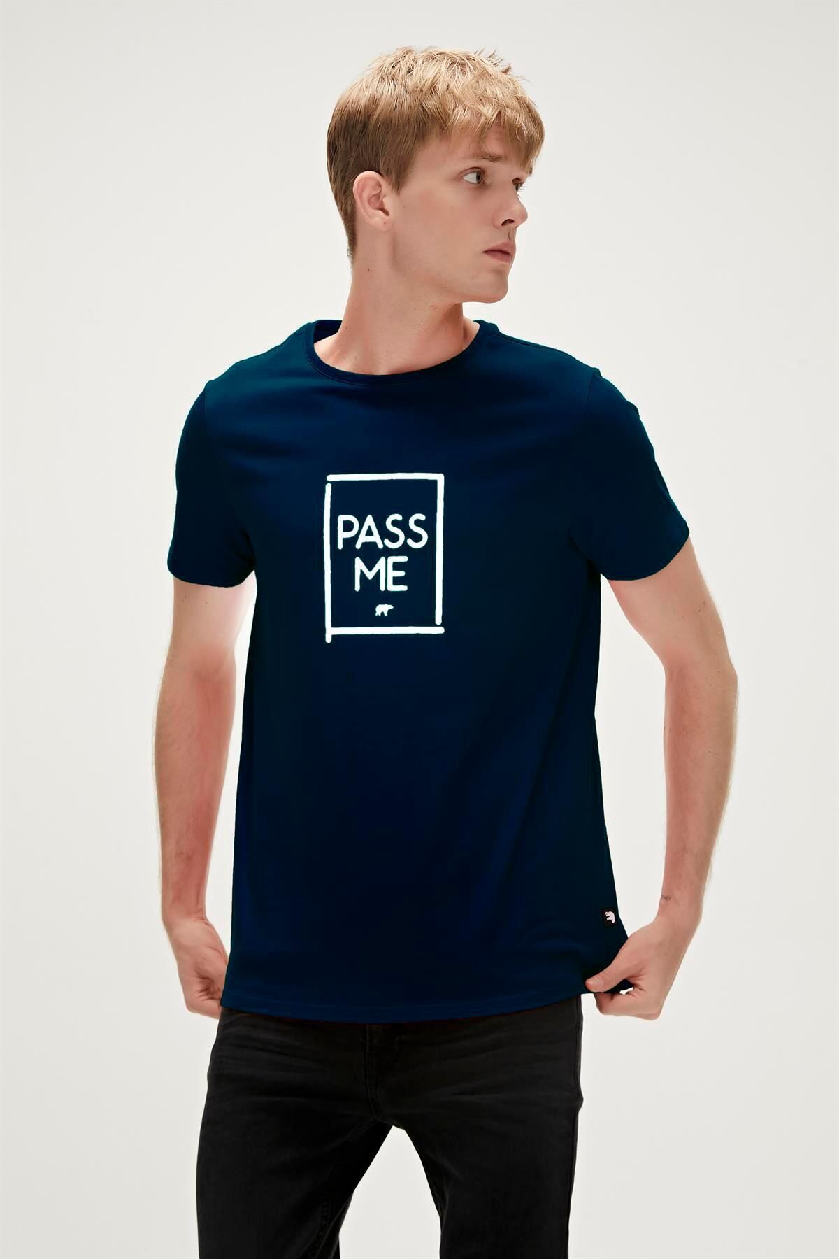 Bad Bear-تي شيرت رجالي مطبوع باللون الأزرق الداكن من Pass Me 3