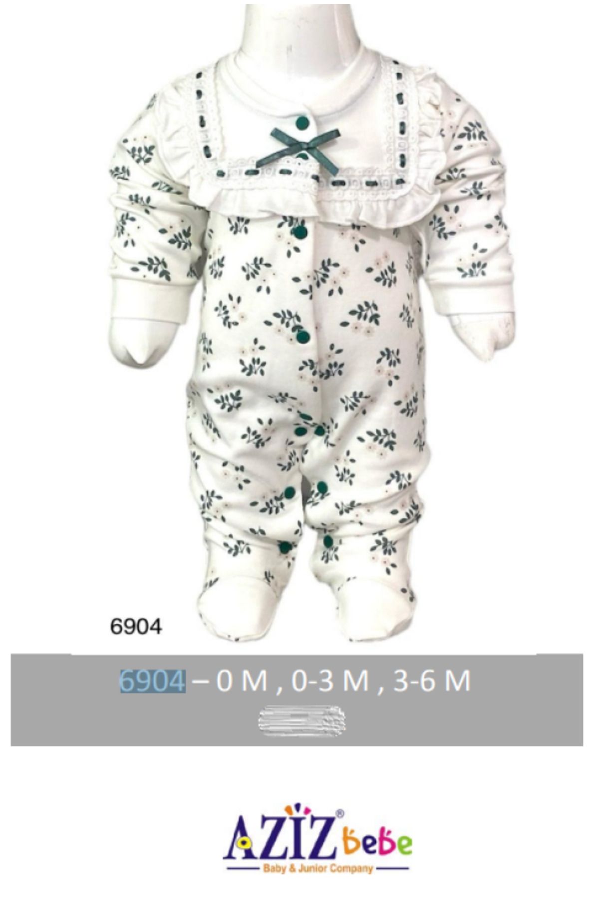 Aziz Bebe-Green Leaf Patterned Jumpsuit with Snap Fasteners (with Booties) Size 0-3-6 Months 1