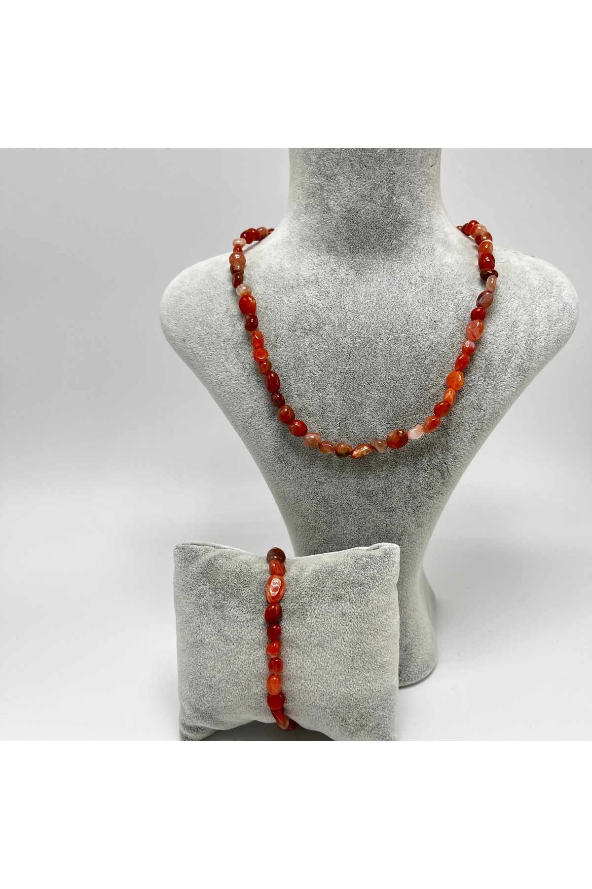 YILDIZ DOĞAL TAŞ SERTİFİKALI Kırmızı Akik Natural Kesim Makrome Doğal Taş Bileklik ve Kolye Set