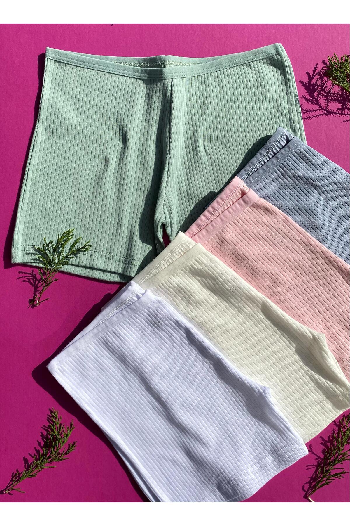 VicTroy Pamuklu 5 li Beyaz, Ekru, Yeşil, Mavi ve Pembe Renk Fitilli Kadın Boxer-Şort