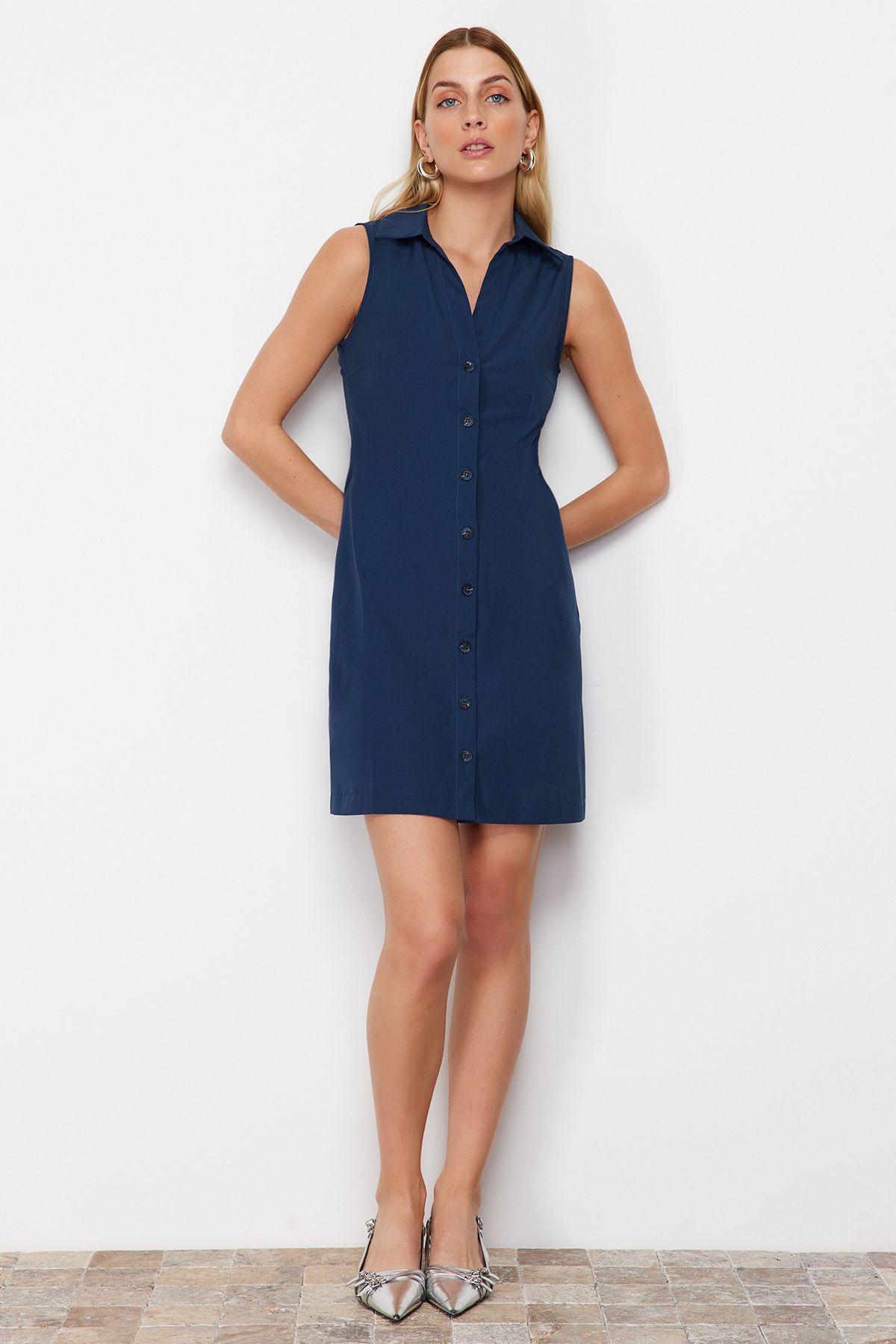 Trendyol Collection Navy Blue Woven Mini Shirt Dress TWOSS24EL00344