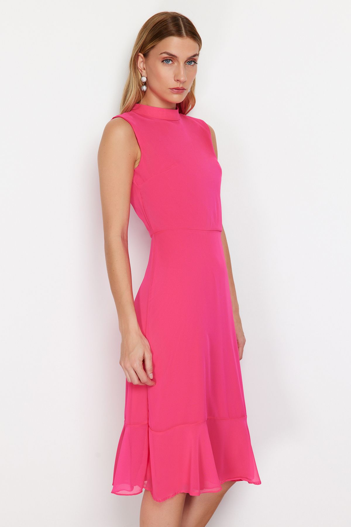 Trendyol Collection-Fucsia Fucsia A-line Fucsia Volant Rochie Midi Tesuta TWOSS24EL00719 3