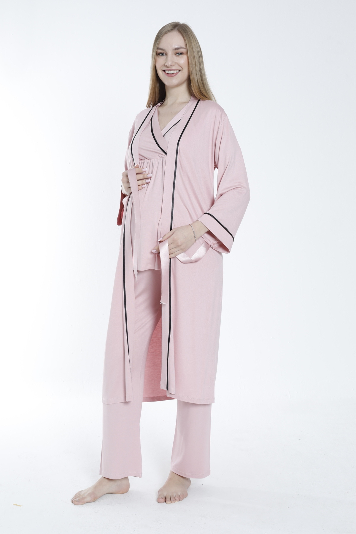 Miss Dünya Lissa Sabahlıklı Şerit Detaylı Hamile ve Lohusa Pijama Takımı fotoğrafı 3 (önizleme)