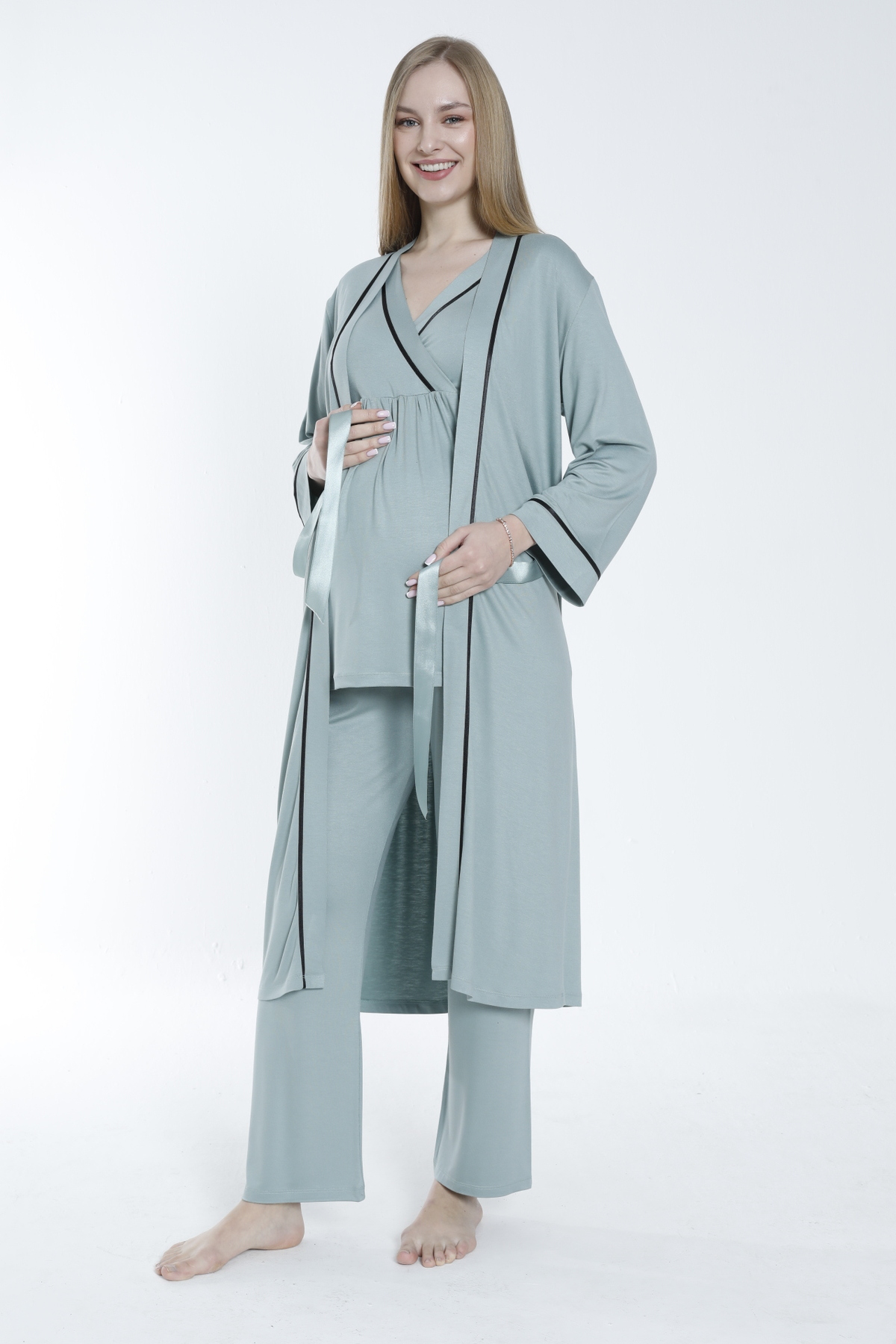 Miss Dünya Lissa Sabahlıklı Şerit Detaylı Hamile ve Lohusa Pijama Takımı fotoğrafı 3 (önizleme)