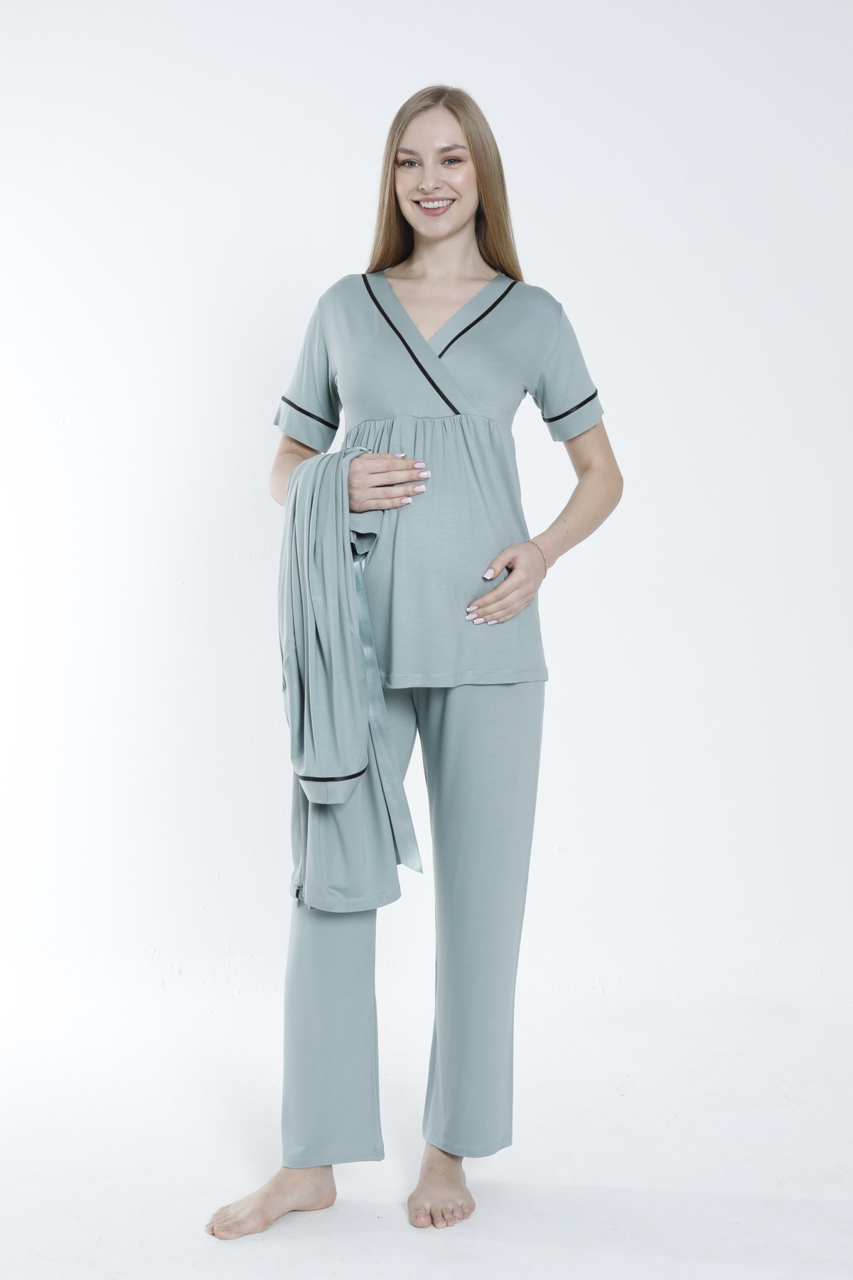 Miss Dünya Lissa Sabahlıklı Şerit Detaylı Hamile ve Lohusa Pijama Takımı fotoğrafı 4 (önizleme)