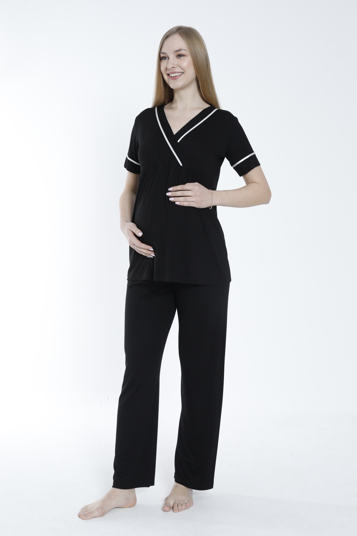 Miss Dünya Lissa Sabahlıklı Şerit Detaylı Hamile ve Lohusa Pijama Takımı fotoğrafı 5 (önizleme)