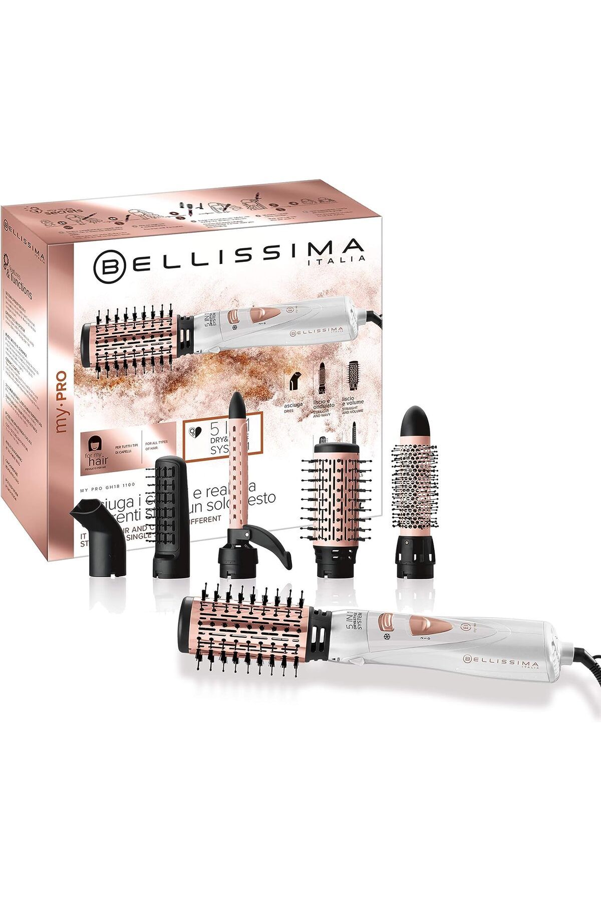 Bellissima My Pro GH18 1100 Seramik Kaplı Fırçalarla Donatılmış Sıcak Hava Modelleme Çubuğu, Parlak Saçlar için