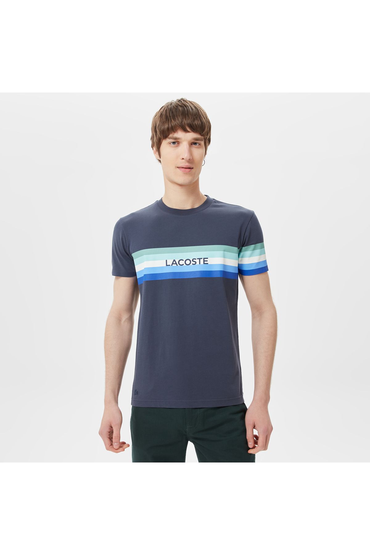 Lacoste یقه دوچرخه باریک مردانه چاپ شده تی شرت آبی نیروی دریایی