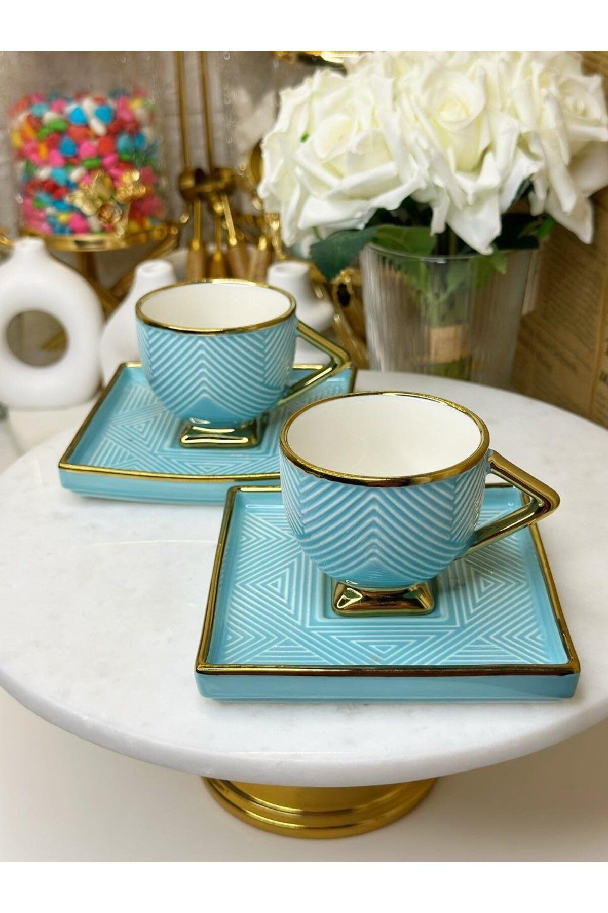 YzHome-2 PERSON PORCELAIN GOLD STARED SQUARE PLATE TURKISH COFFEE CUP SET SET 1