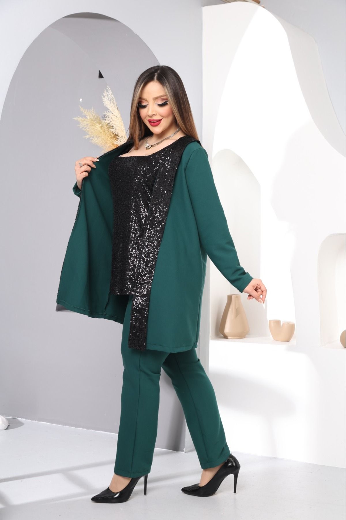 Yeşil Krep Ceket Pantolon Payetli Bluz 3 Lü Takım