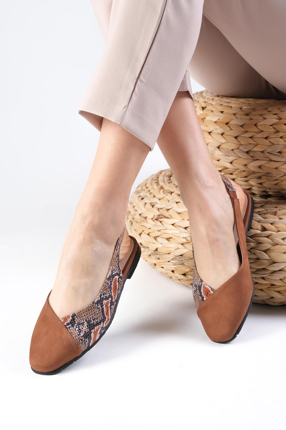 Mio Gusto-Flache Ballerina-Schuhe für Damen von Debby in Hellbraun mit offenem Rücken 5