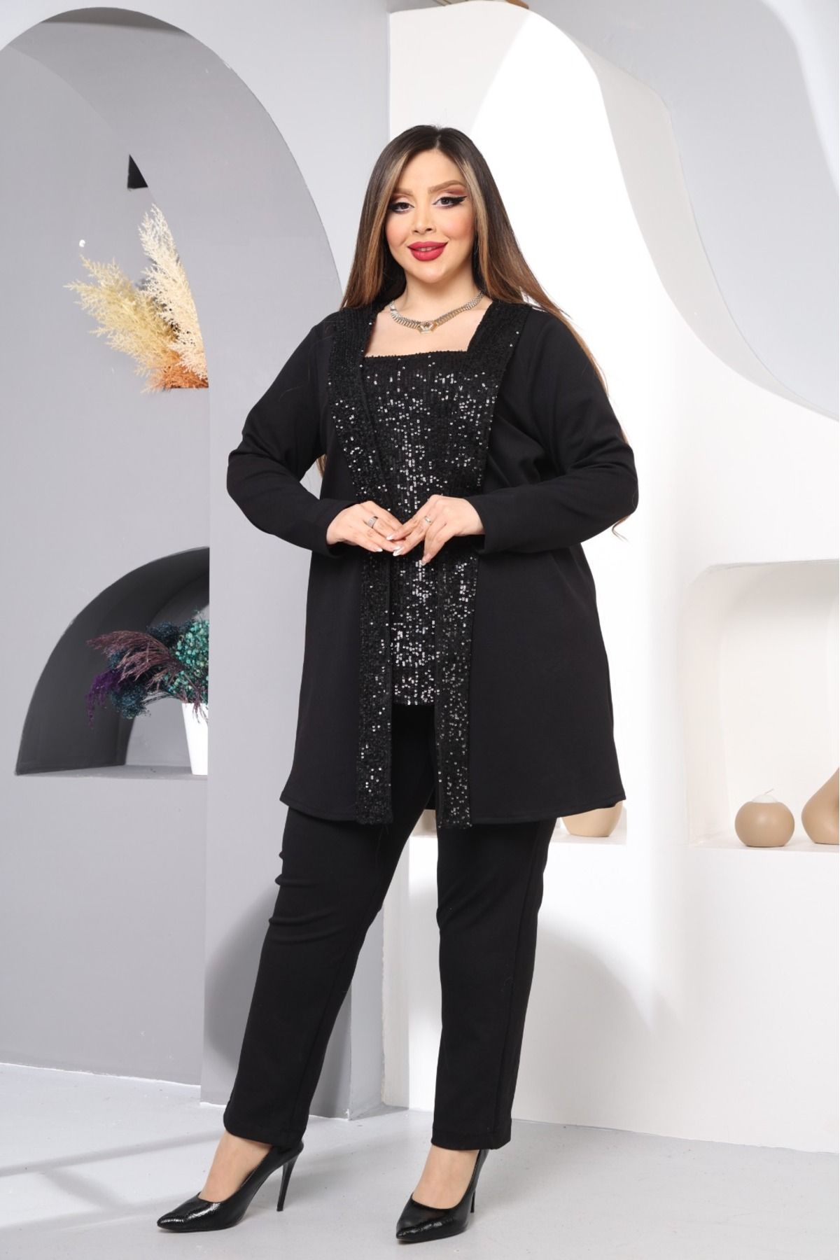 Siyah Krep Ceket Pantolon Payetli Bluz 3 Lü Takım