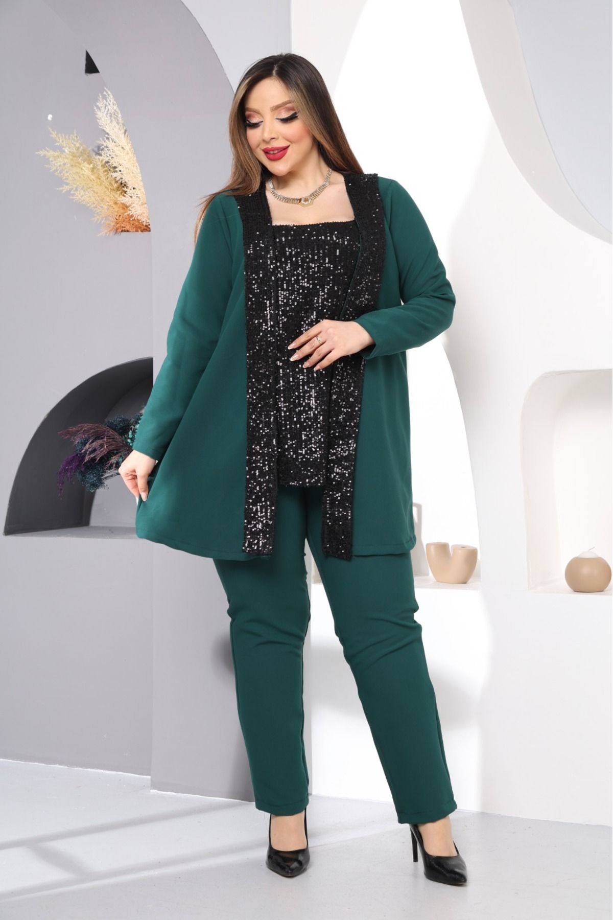 Yeşil Krep Ceket Pantolon Payetli Bluz 3 Lü Takım