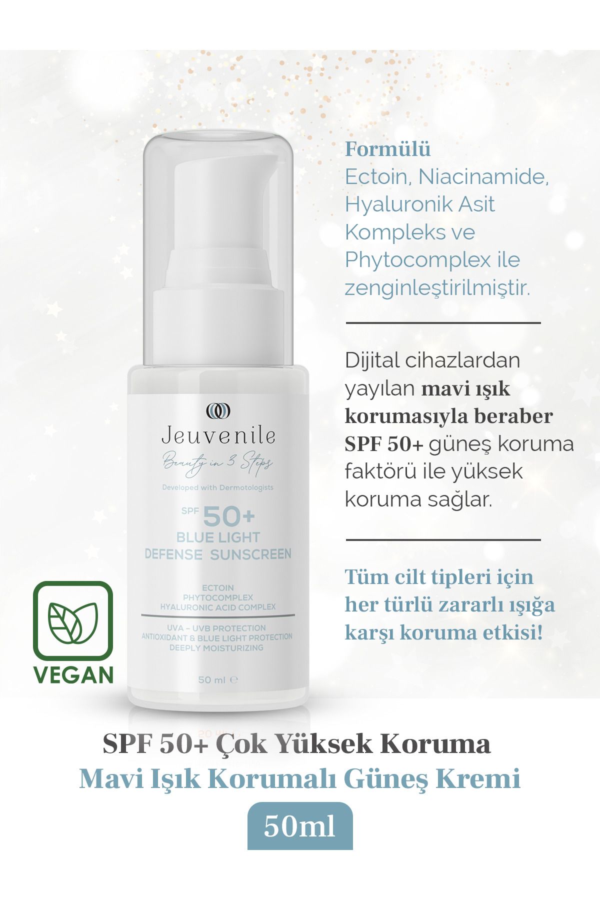ضد آفتاب با SPF 50 + نور آبی (اکتوئین، هیالورونیک اسید، نیاسینامید) Jeuvenile