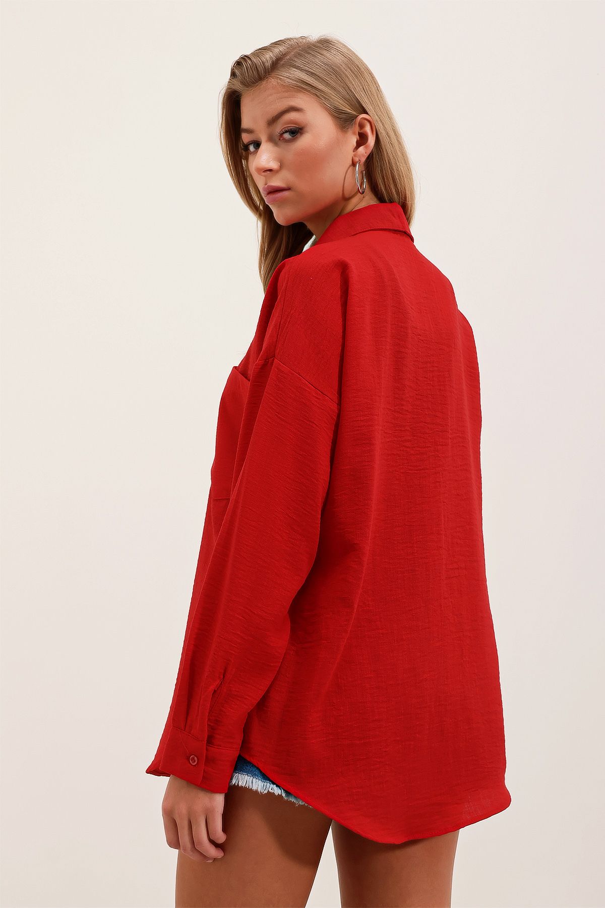 Bigdart-20153 Oversize-Leinenhemd mit einer Tasche – Rot 5